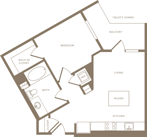 Floor plan for 1 bed, 1 bath, 637 sqft